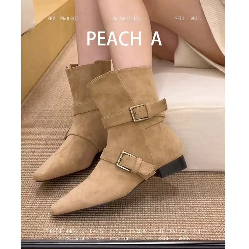 Новые осенние корейские ботинки 2025 года: замшевые, с острым носком, на массивном среднем каблуке, с пряжкой, коричневые, в стиле ковбойских сапог