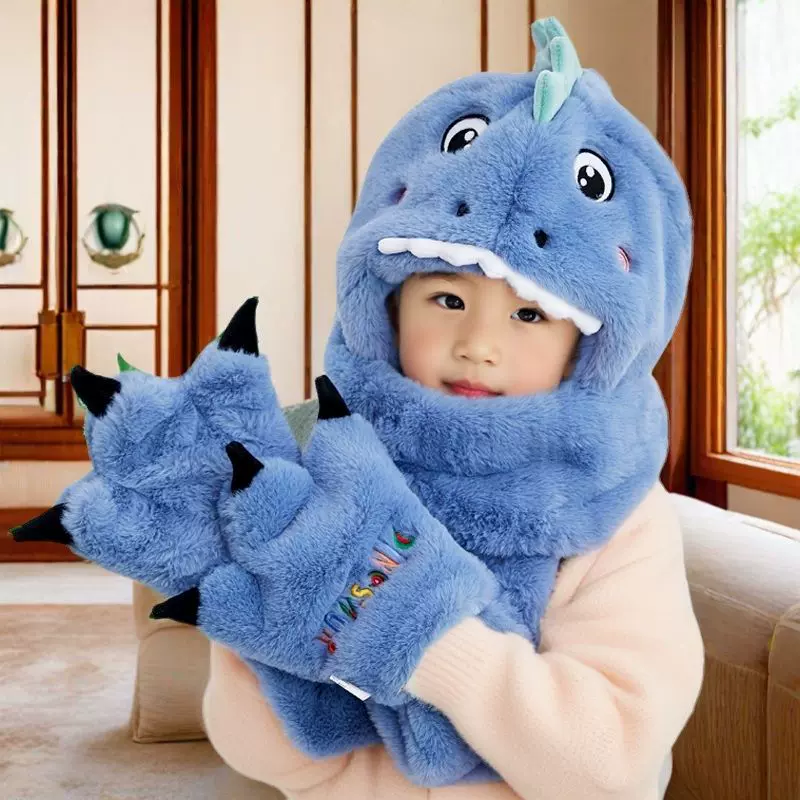 恐龙帽子围巾一体儿童冬季加绒三件套男女童防寒手套宝宝保暖帽子