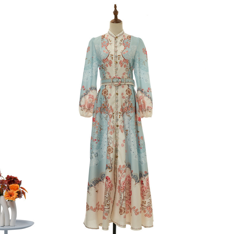 Cross-Border 2026 Spring/Summer New Casual Retro Print Single-Breasted Stand-Collar A-Line Dress Ultra-Long Skirt for Women in Stock Cross-Border 2026 Spring/Summer New Casual Retro Print Single-Breasted Stand-Collar A-Line Dress Ultra-Long Skirt for Women in Stock
