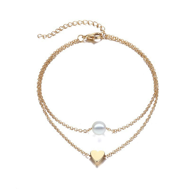  anklet (браслет на щиколотке) с сердечком, золотой или серебряный, круглые бусины, стиль лета на пляже
