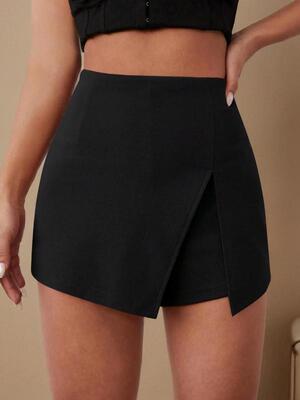 Women's Plain 2 in 1 Split Thigh Zipper High Waist Skorts|ms