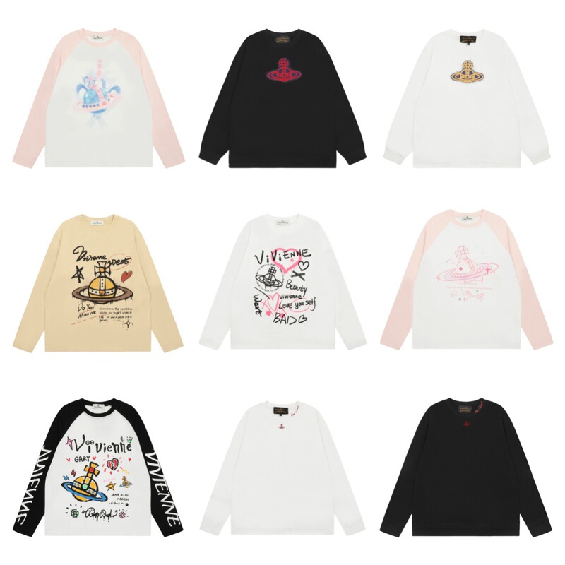 Vivi Patchwork Embroidery Heavy-Duty American Street Style Graffiti Saturn Raglan Sleeve Long-Sleeve Loose Cartoon