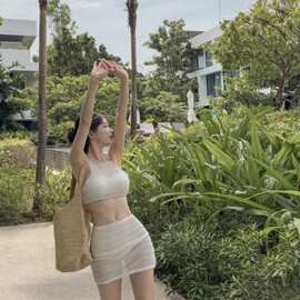 厂家直销高级感纯欲风性感镂空网纱透视分体裙式性感辣妹度假游泳