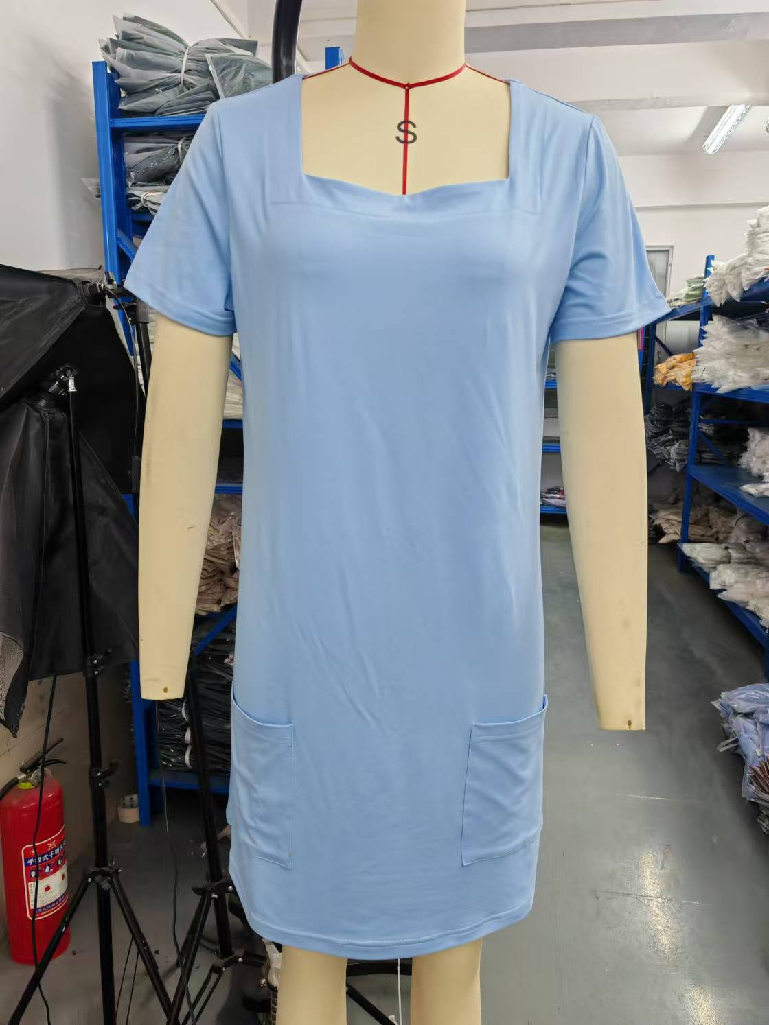Women Clothing Popular Square Collar Short Sleeve Short Pocket Casual Dress