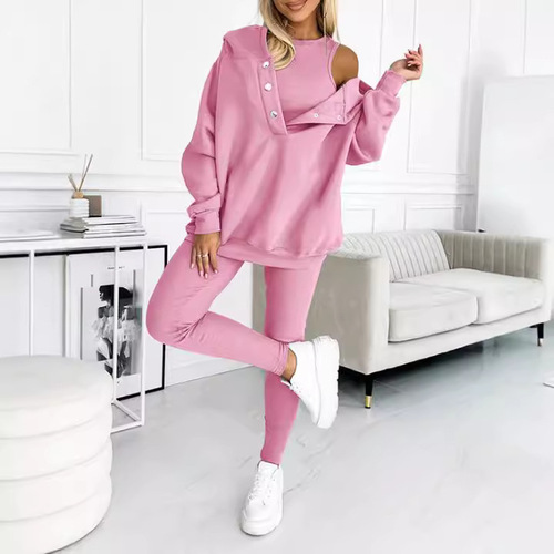 Women's Sporty Casual Hooded Sweatshirt, Ribbed Slim-Fit Vest, and Pants – 3-Piece Set