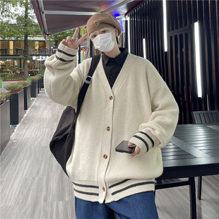 Autumn and Winter Hong Kong Style Fashionable Casual Loose Shoulder Cardigan V-Neck Cardigan Sweater Men's 2201