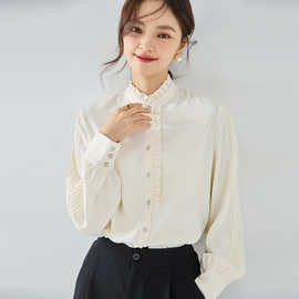 25严选新款优雅法式雪纺衬衫高级通勤气质木耳边领白色上衣15407