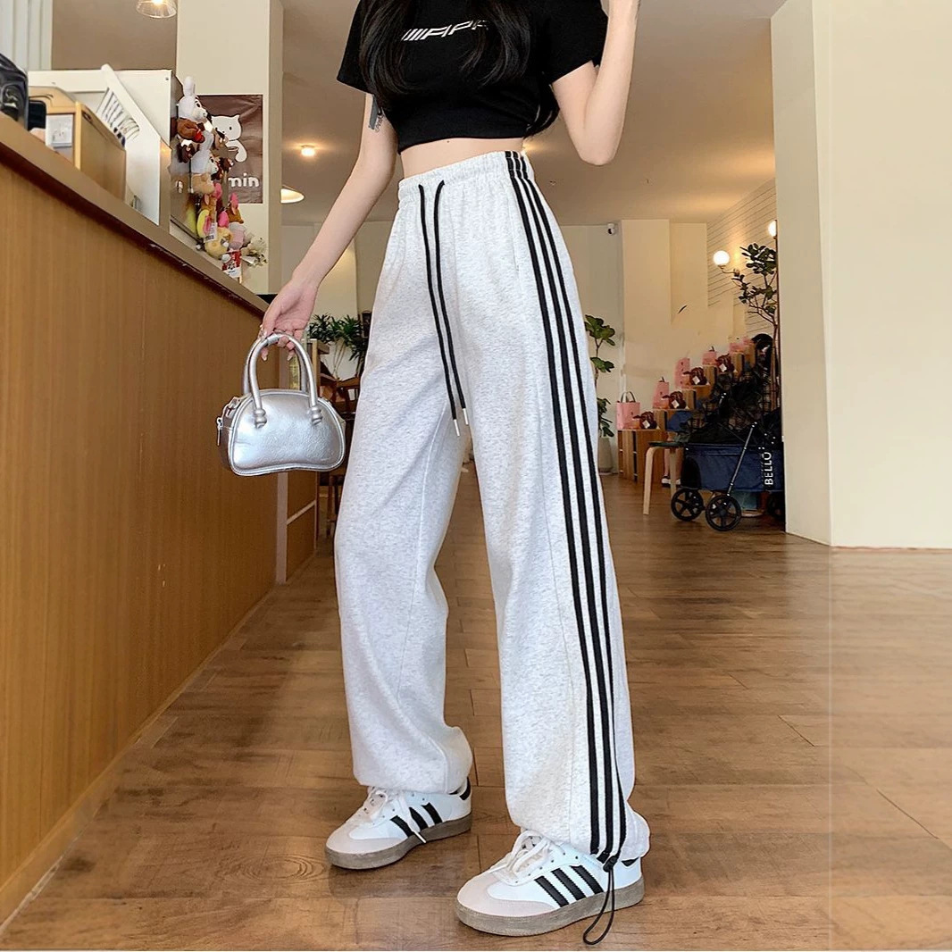 美式运动长裤韩版女装秋季新款高腰休闲直筒阔腿裤小个子条纹卫裤