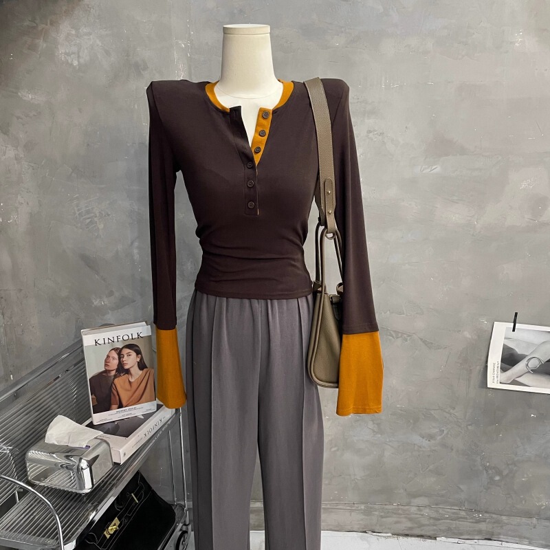 [Original Workmanship] Foreign Style Contrast Color Shoulder Pad Long Sleeve T-shirt Slim Fit Base Shirt Women's Slim Inner Jacket Autumn New