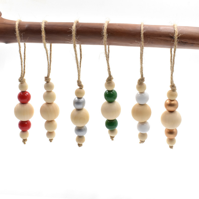 Amazon Best Selling Christmas Wood Color Hemp Rope Wooden Beads Beaded Home Christmas Tree Wooden Decorative Small Pendants