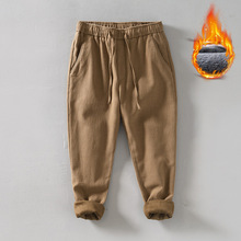 冬季中国风复古加绒保暖休闲裤男士直筒棉麻长裤宽松苎麻小脚裤子