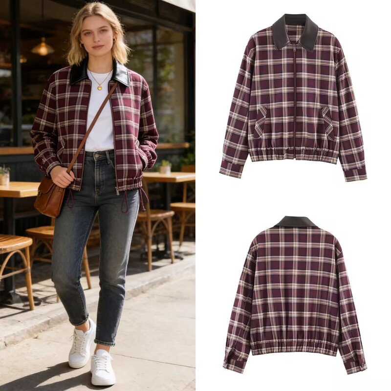 2026 New Model European and American Style Fashion Retro Leather Effect Checkered Lapel Bomber Jacket for Foreign Trade Cross-Border Sales 2026 New Model European and American Style Fashion Retro Leather Effect Checkered Lapel Bomber Jacket for Foreign Trade Cross-Border Sales