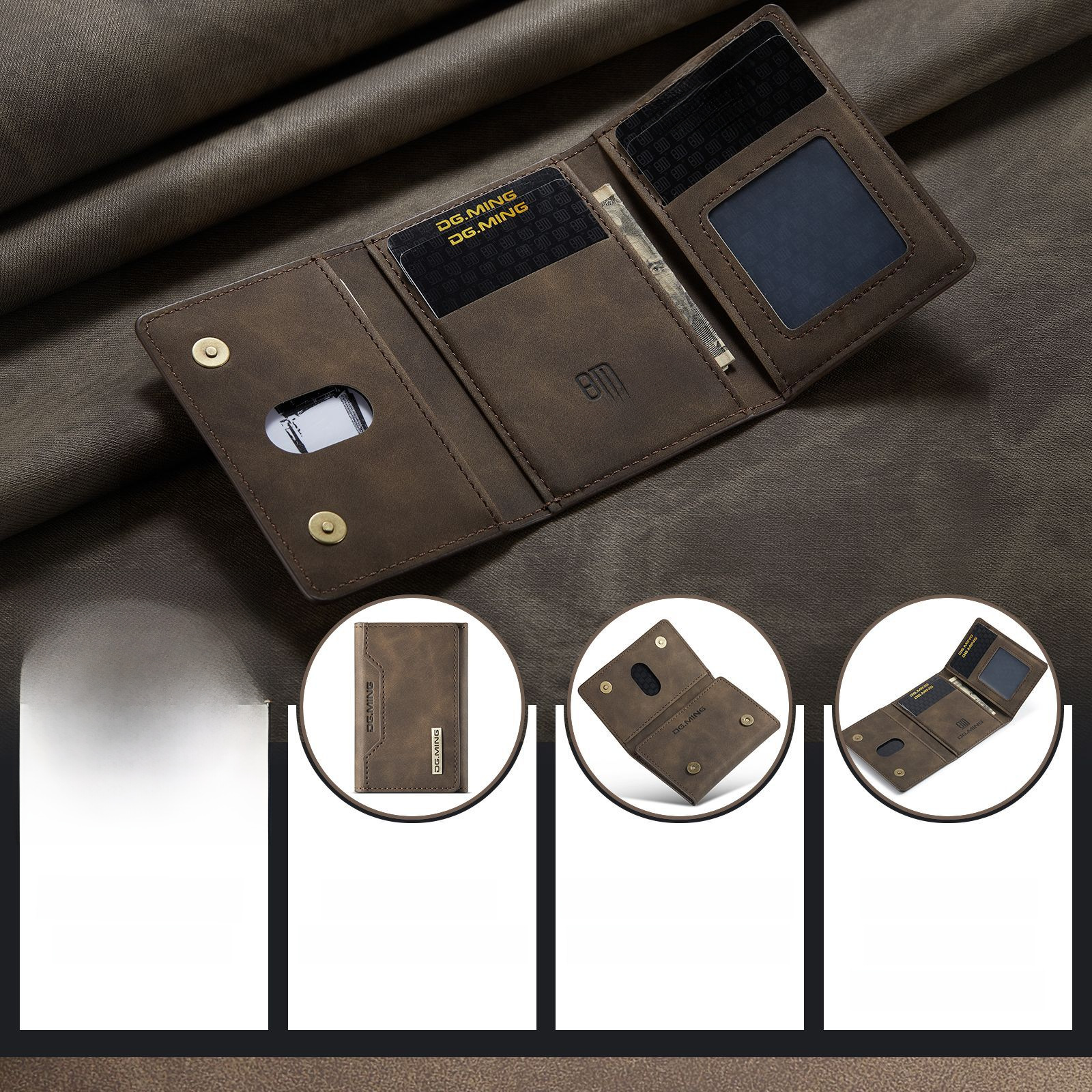 DG.MING Τριπλή θήκη καρτών σε καφέ χρώμα, θήκη καρτών υψηλής ποιότητας, ρετρό θήκη καρτών PU, δερμάτινη θήκη, πολυλειτουργική μαγνητική μικρή θήκη καρτών_voghion.com