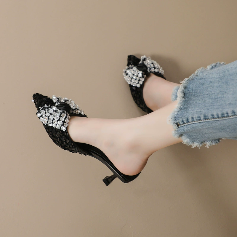 Стразы банты с головкой половинной тапочкой женский 2024 новый летний внешний вид носить заостренные каблуки на высоких каблуках темпераментные холодные тапочки