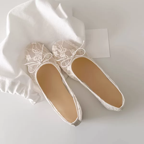 Sheepskin Version ~ French Mesh Breathable Lace Bow Ballet Shoes Shallow-on Fairy Flat Shoes