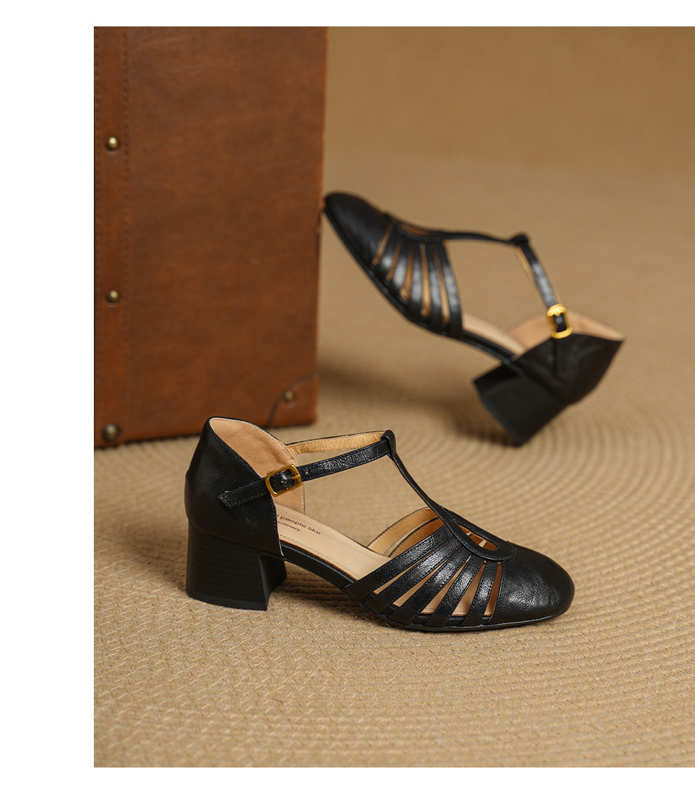 Sandal nữ da cừu bện quai chữ T mũi kín gót 4 cm — đen chi tiết 16