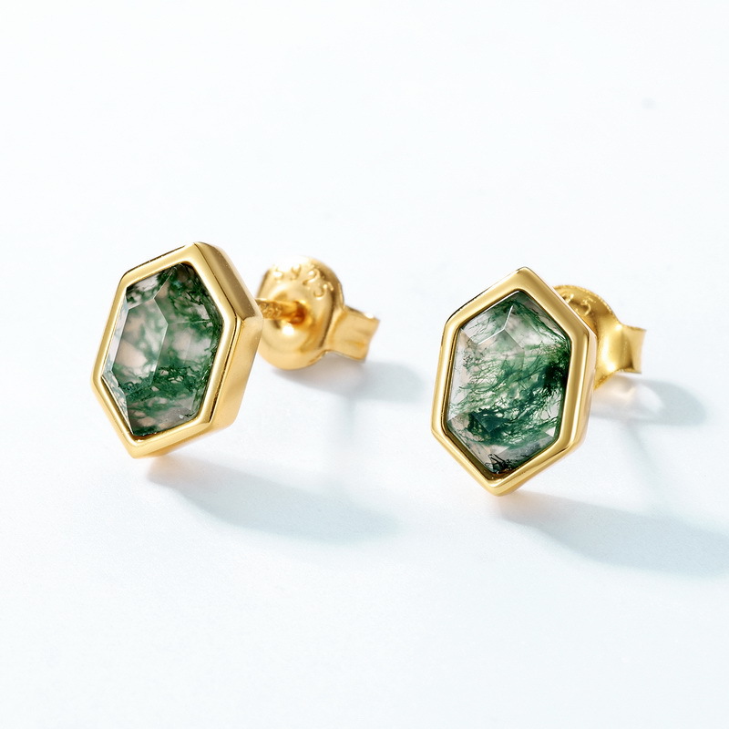 Pendientes de piedra de musgo verde natural geométrico transfronterizo para mujer S925 Pendientes de ágata de hierba de agua hexagonal con incrustaciones de plata, lujo simple y ligero