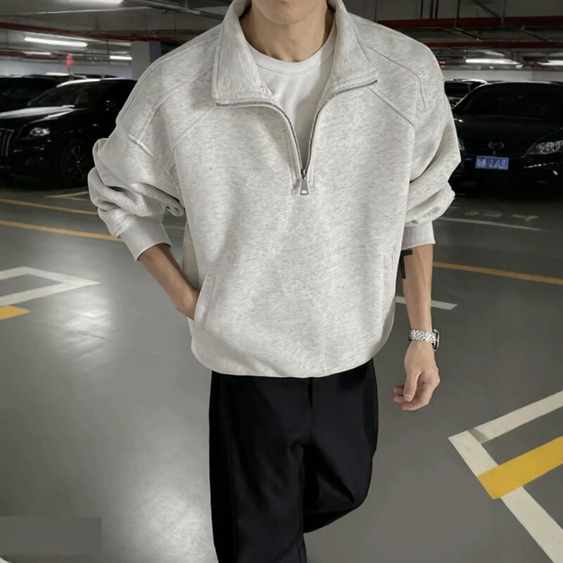 2026 Early Autumn Collection: Men's White and Gray Half-Zip Stand Collar Sweatshirt, American Casual Style, Spring and Autumn Flip Collar Top