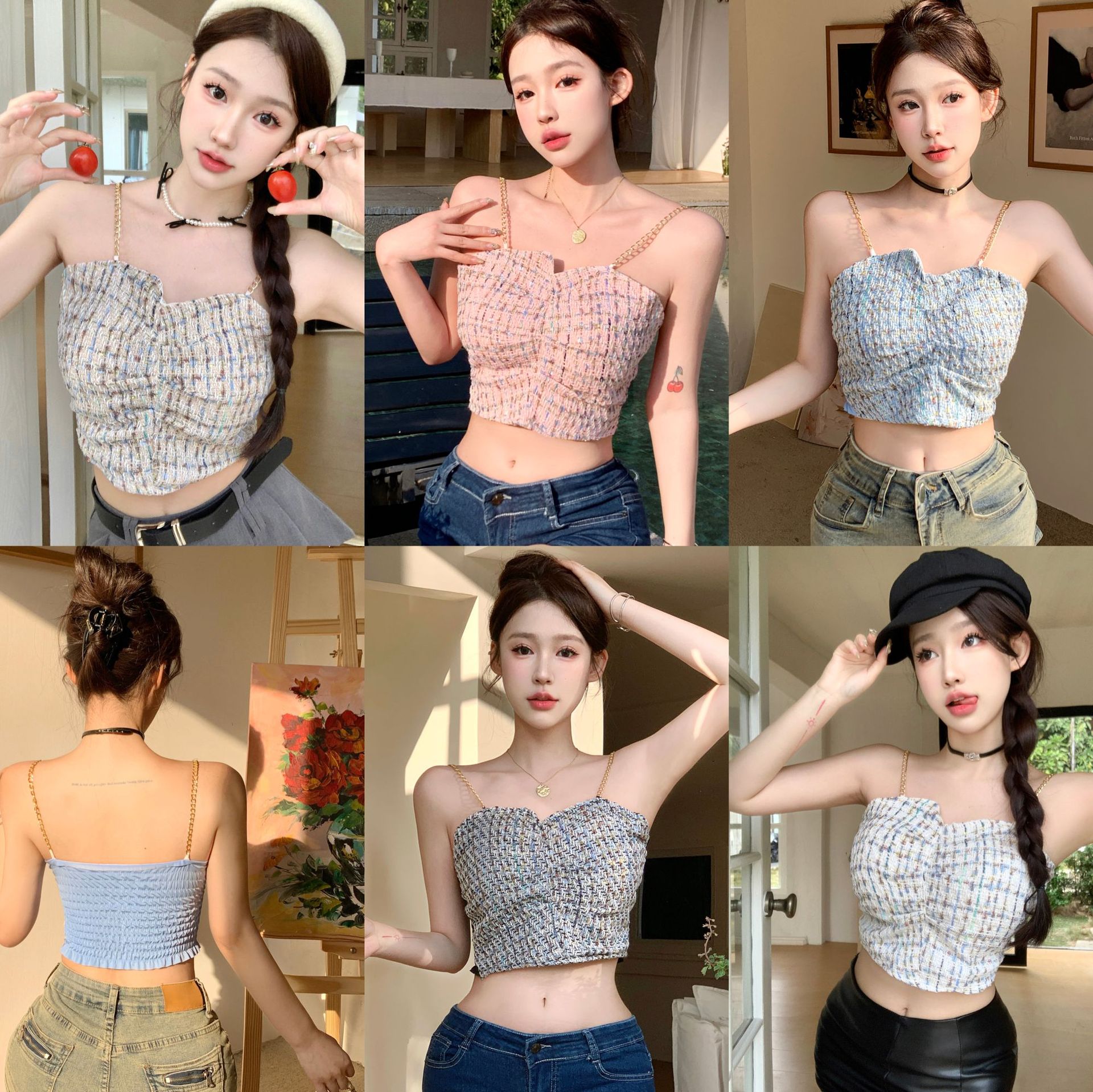 Tweed suspender strap for women in summer design and niche temperament inner strap sweet and spicy sexy pure top