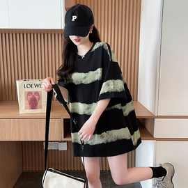 跨境渐变扎染条纹T恤2025新款宽松时尚休闲小众设计感上衣女