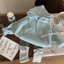 韩版童装2024新款秋季女童针织毛衣连帽卫衣儿童堆堆袜打底裤套装