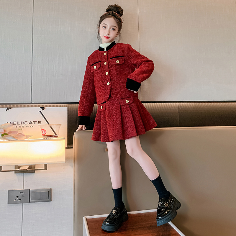 女童小香風套裝秋冬款兒童紅色連衣裙2024新年衣服冬裝過年服裙子