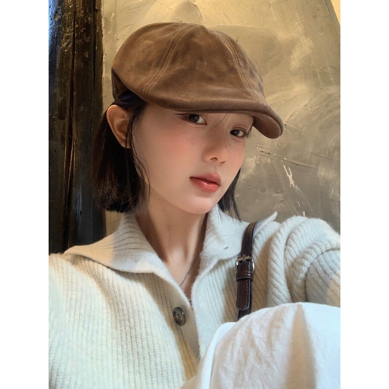 日系复古麂皮绒咖色前进帽女大头围显脸小文艺百搭反戴贝雷帽子潮|undefined