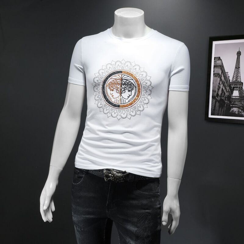 European Style Summer Lunghuqi Mercerized Cotton Short-Sleeve T-Shirt for Men - 27772 - Slim Fit Trendy Men's Sequin Embroidery