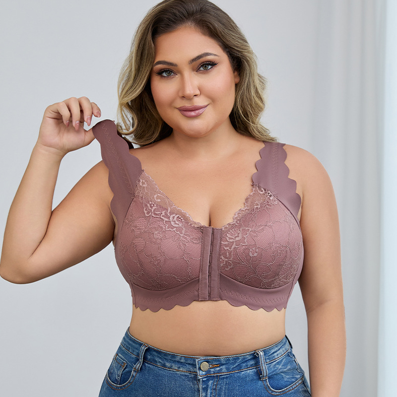 Cross-Border Front Buckle Large Size Lace Sexy Bra Push-Up Underwear Adjustable Wire-Free European and American Thin Bra for Women
