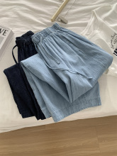 松弛感宽松垂感轻薄普洗蓝棉麻牛仔裤女韩系复古直筒显瘦阔腿裤