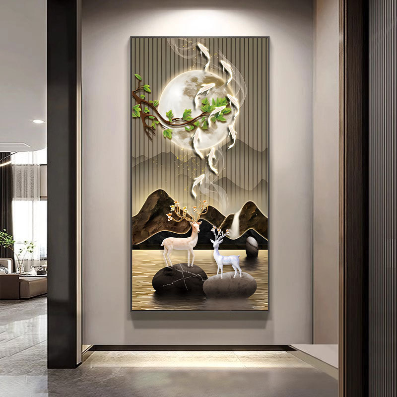 Pintura decorativa de vestíbulo de lujo ligero de alto nivel de alce hojas doradas pasillo colgar pintura de la sala de patrón colgar pintura suave