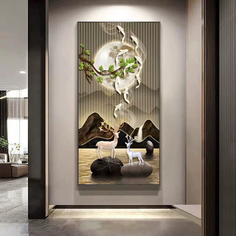 玄关装饰画高级感轻奢麋鹿金色树叶走廊过道挂画样板间软装挂画