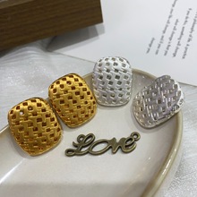 欧美镂空金属感镀铜编织方形耳钉小众高级感简约贵气轻奢耳环女