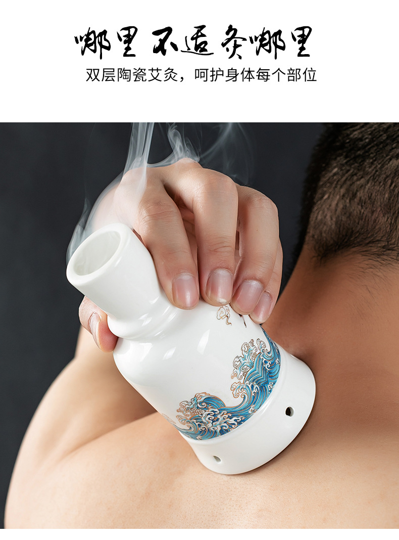 Ceramic Moxibustion Jar Double-Layer Celadon Warm Therapy Device with Gua Sha Massage and Herbal Steaming Function in use