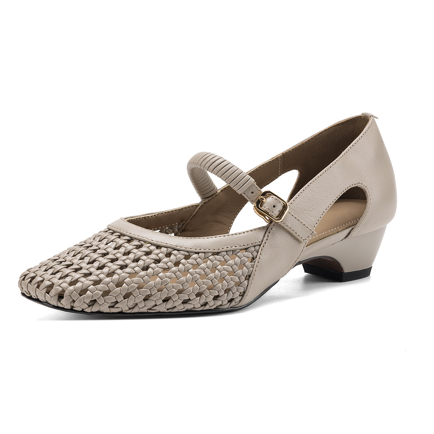 Giày sandal nữ gót thấp 3 cm mũi vuông hở bên da cừu đi làm — đen