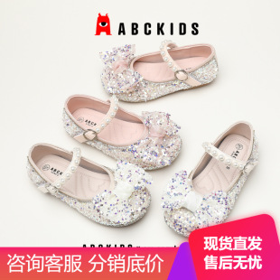 Girls Bow Princess Shoes 2024 Summer New Round Toe Soft Sole Little Girls Leather Shoes Children's Sequin Shoes