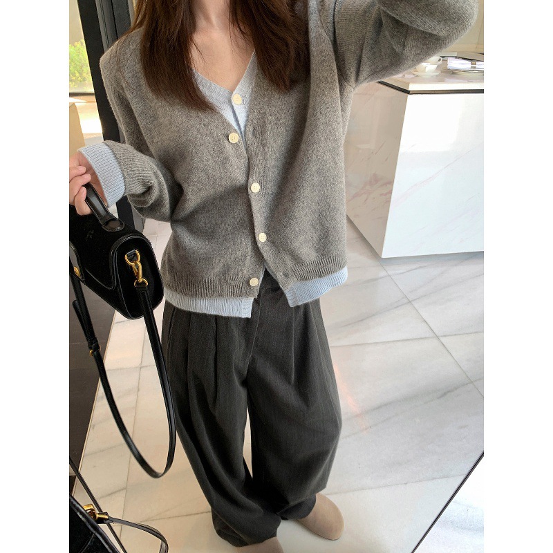 Seoul Impression Wool Faux Two-Piece V-Neck Knitted Cardigan Jacket with Contrasting Color Top and Pants Set for Women
