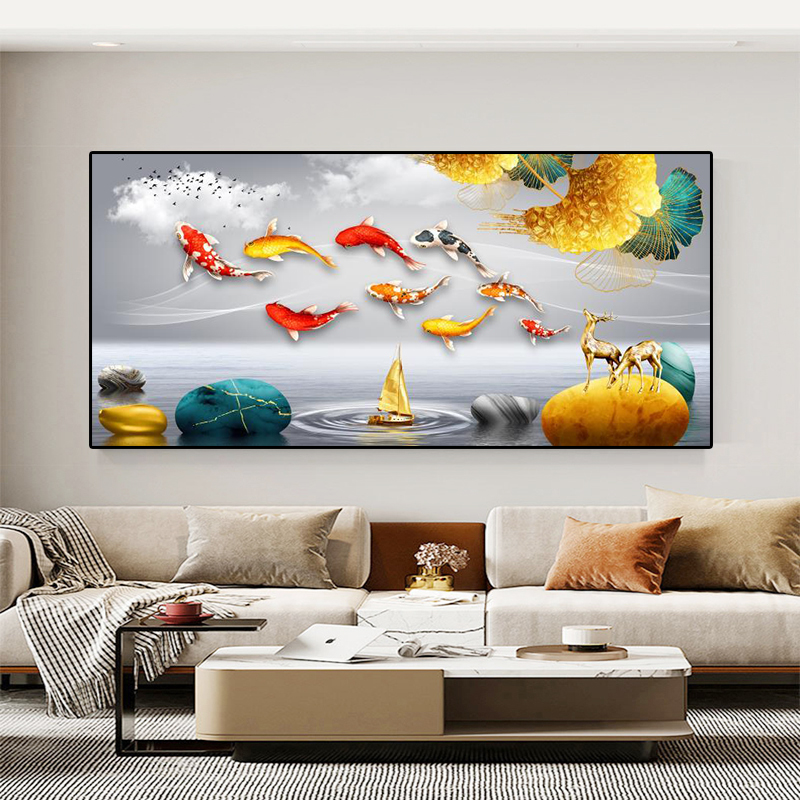 九鱼图横版客厅装饰画沙发背景墙壁挂画年年有鱼荷花鲤鱼现代壁画