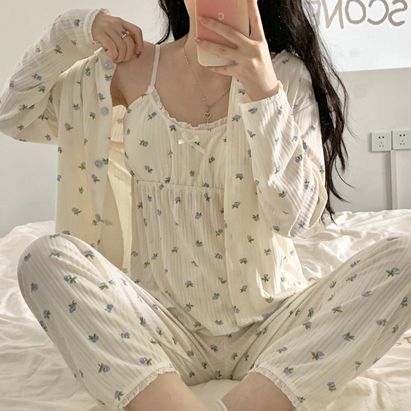 With Bra Sexy Pajamas Women's Three-piece Set Spring and Autumn Long Sleeve Pure Desire Wind Sweet Small Sling Sweet Home Clothes