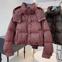 棉衣女新短款冬2024中欧美小个子连帽羽绒棉服防PU皮加厚棉袄外套