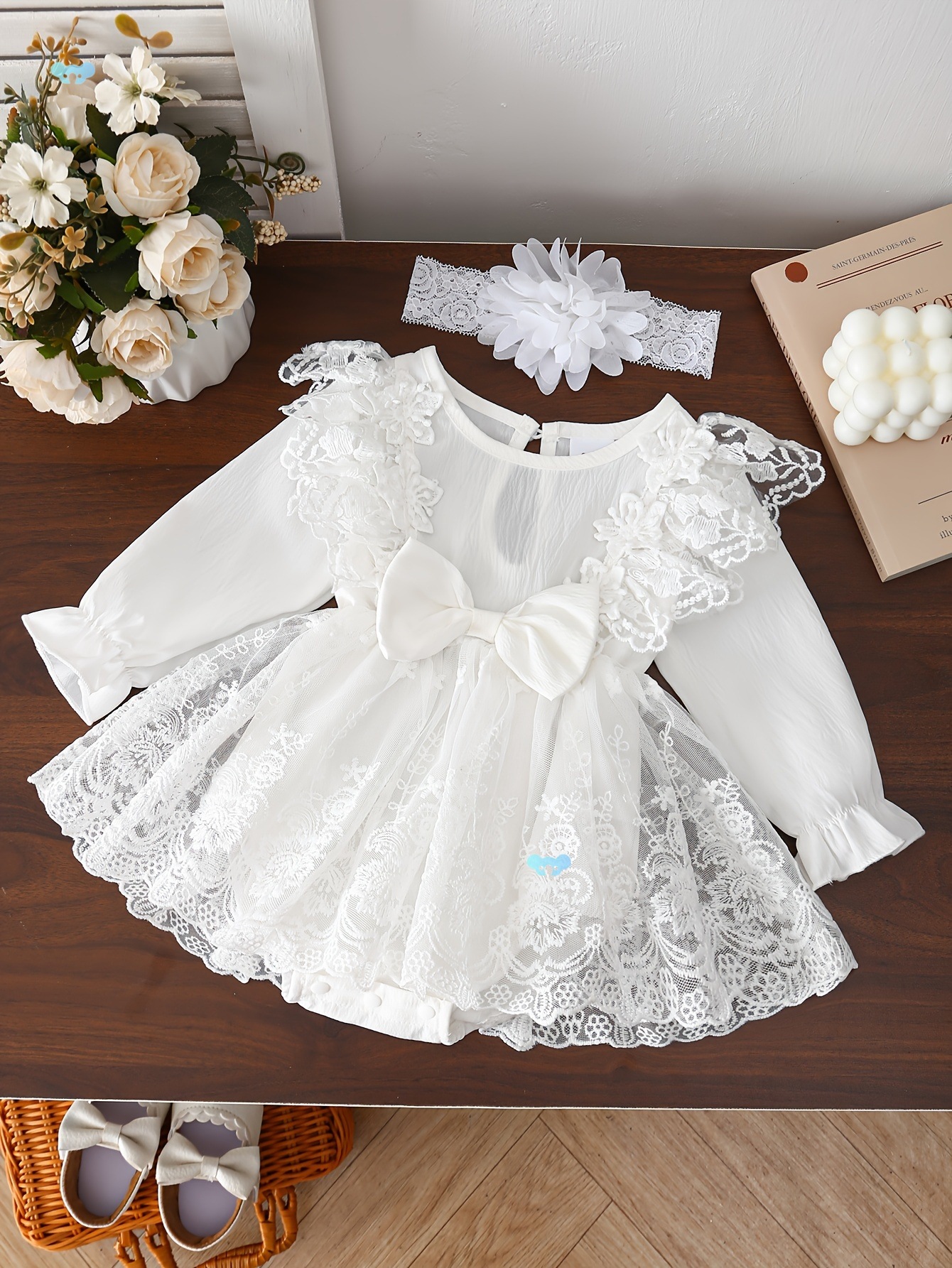 2PC Set Of Baby Girl Floral Embroidery Mesh Lace Bow Long