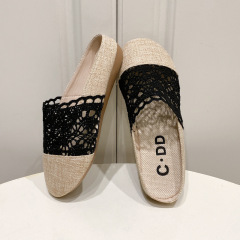 圓頭包頭亞麻半拖鞋女2024夏季外穿低跟平底懶人一腳蹬鏤空涼拖鞋