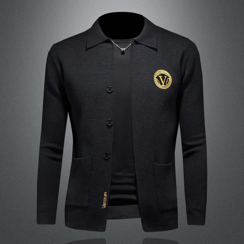 2025春秋翻领开衫外套简约刺绣纯色针织衫2384 P125【缕空】