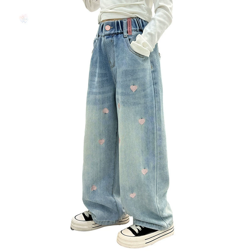 Denim Trousers Teen, Embroidered Hearts, Spring–Autumn Wide-Leg, Sizes 120–170 cm