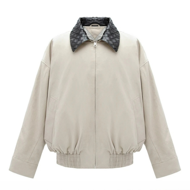 Autumn Men's Heavy-Duty Leather Collar Woven Harrington Silhouette Jacket with Unique Design, Versatile Lapel, Couple Style Coat