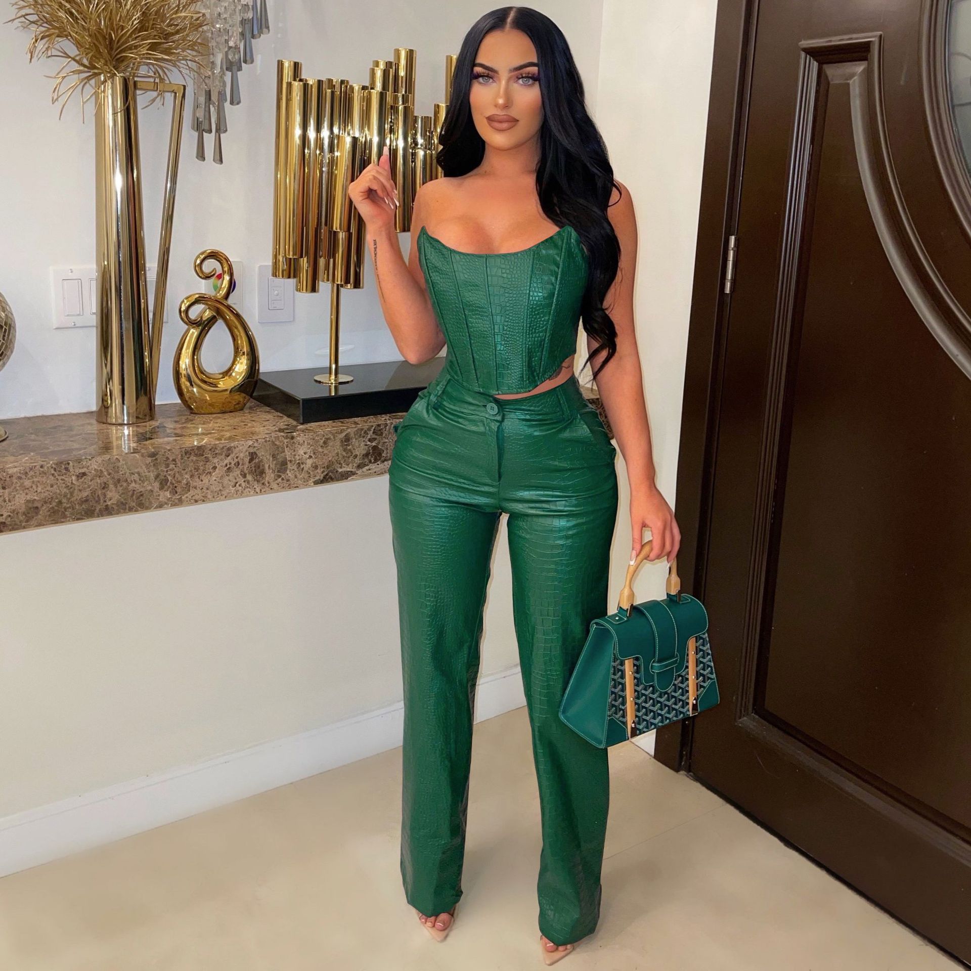 Women Clothing Tube Top Faux Leather Suit Sexy Faux Leather Two Piece Set