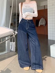 高腰直筒深蓝色阔腿牛仔裤女夏季2025新款休闲宽松显瘦百搭长裤子