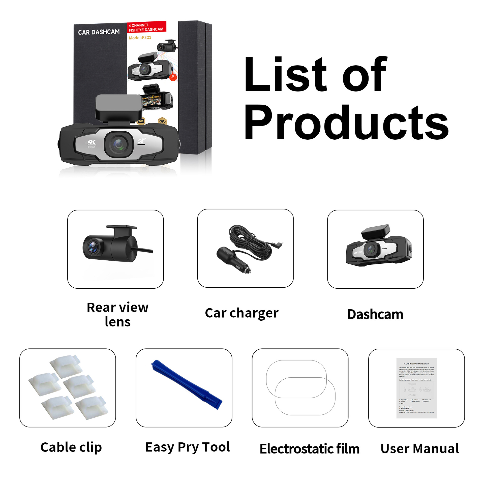 Cross-border F323 Four-Lens Dash Cam 4K HD WiFi6 GPS Car Recorder Multi-Language