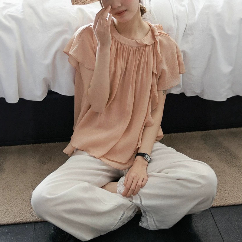Lalaglow Half-Summer Sweet Dreams All-Tencel French Ruffle Double-Layer Ribbon Short-Sleeve Shirt for Women, Skin-Friendly and Breathable Lalaglow Half-Summer Sweet Dreams All-Tencel French Ruffle Double-Layer Ribbon Short-Sleeve Shirt for Women, Skin-Friendly and Breathable