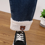 Милые флисовые зимние джинсы с начесом, штаны, популярно в интернете, с медвежатами, детская одежда, в корейском стиле, в западном стиле